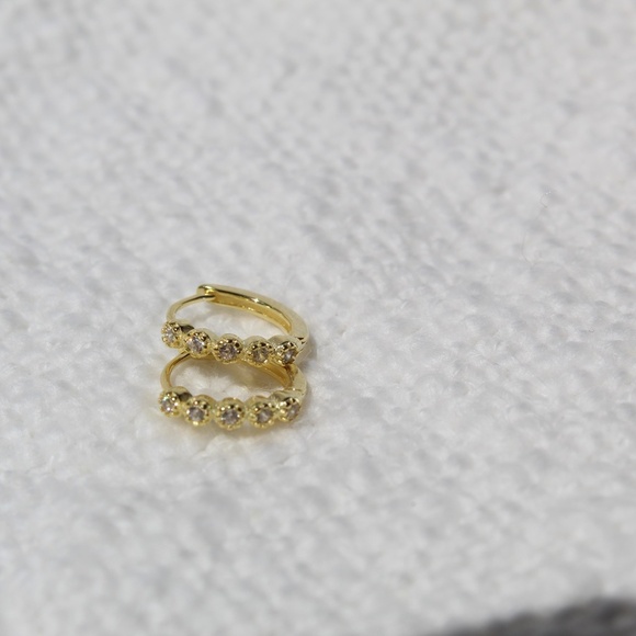 Sterling Silver Gold Huggie Hoops with Row of Isolated Simulated Diamonds - Picture 4 of 12